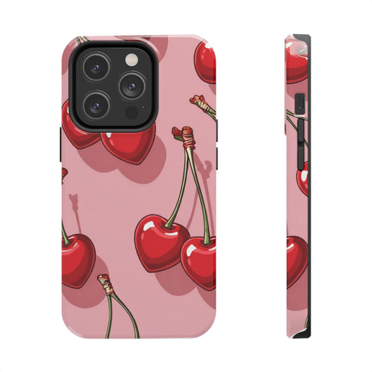 Cherry Pattern Tough Phone Case — Retro Pink Cherry Print Protective Cover