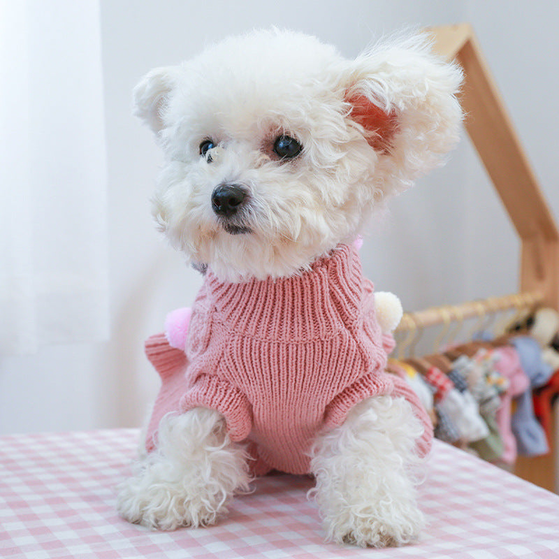 Pet Turtleneck Sweater, Knitwear Dog Dress With Pompoms, Warm Pet Clothes For Small Medium Dog & Cat Autumn And Winter Dog Warm Clothes