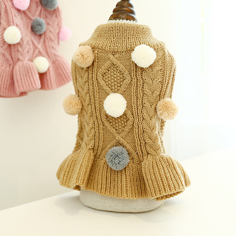 Pet Turtleneck Sweater, Knitwear Dog Dress With Pompoms, Warm Pet Clothes For Small Medium Dog & Cat Autumn And Winter Dog Warm Clothes