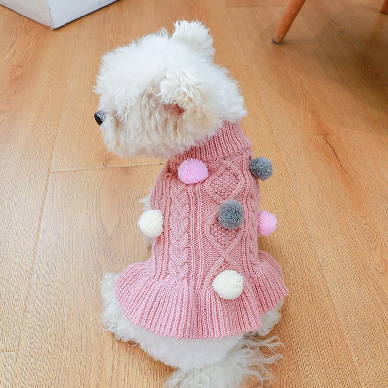 Pet Turtleneck Sweater, Knitwear Dog Dress With Pompoms, Warm Pet Clothes For Small Medium Dog & Cat Autumn And Winter Dog Warm Clothes