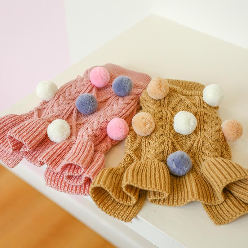 Pet Turtleneck Sweater, Knitwear Dog Dress With Pompoms, Warm Pet Clothes For Small Medium Dog & Cat Autumn And Winter Dog Warm Clothes