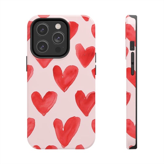 Tough Phone Case — Red Watercolor Hearts Pattern (Protective iPhone Case)