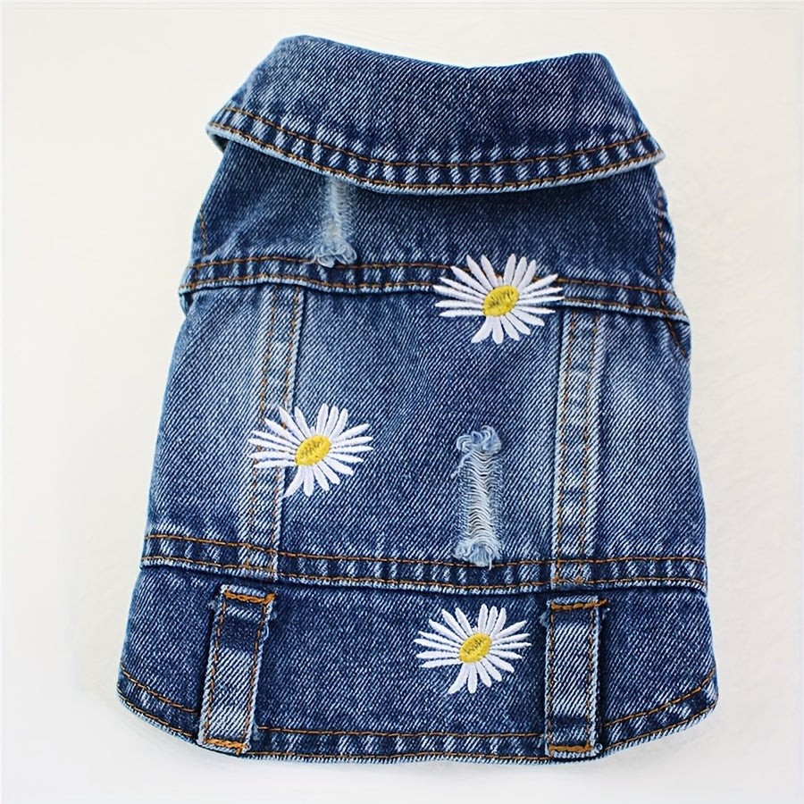 1pc Daisy Graphic Dog Denim Vest, Spring And Autumn Pet Clothes For Dogs Summer Clothing