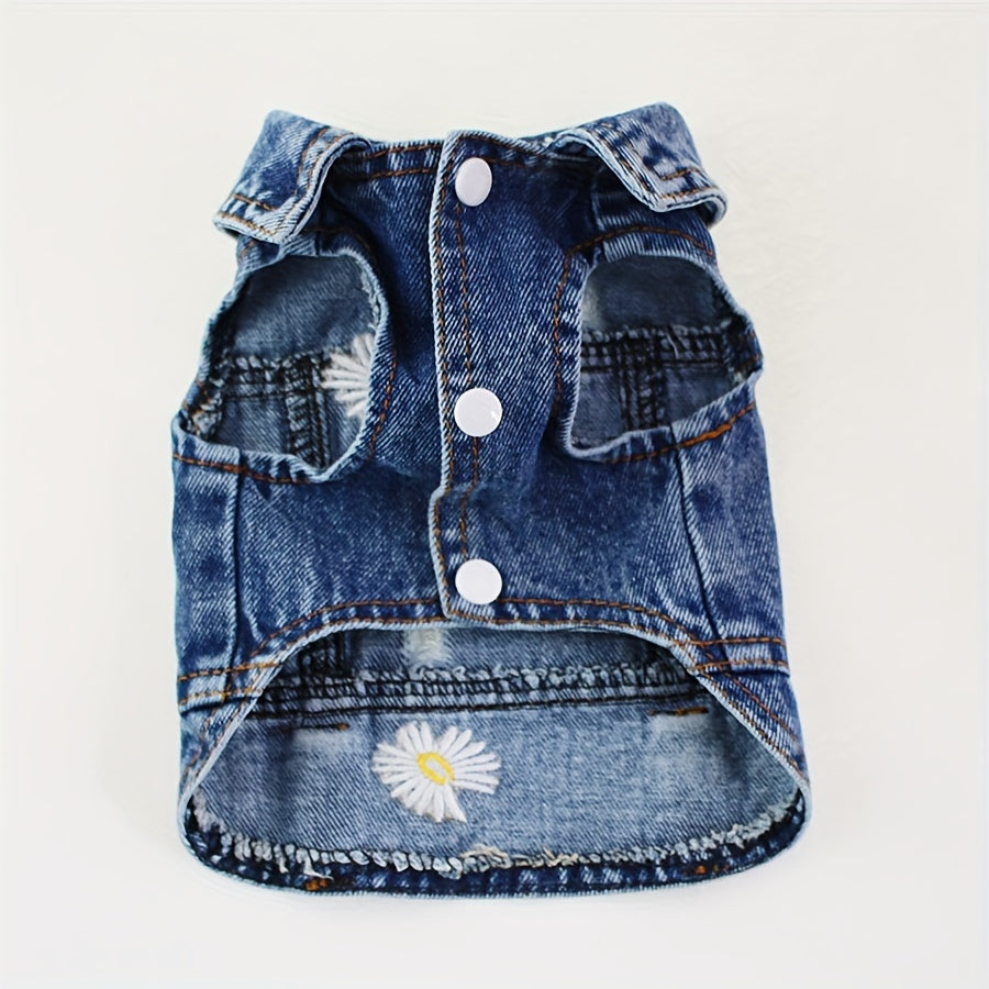 1pc Daisy Graphic Dog Denim Vest, Spring And Autumn Pet Clothes For Dogs Summer Clothing