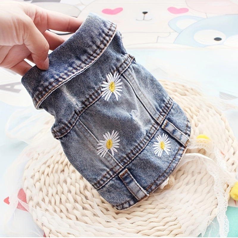 1pc Daisy Graphic Dog Denim Vest, Spring And Autumn Pet Clothes For Dogs Summer Clothing