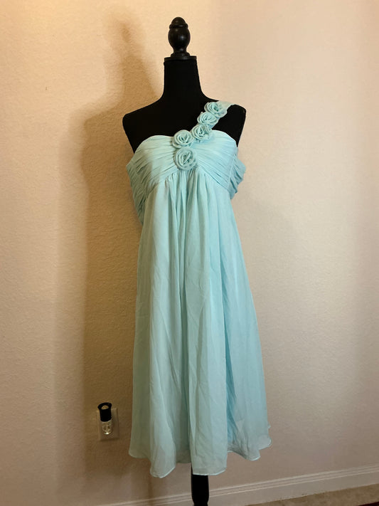 Aqua Blue One Shoulder Chiffon Dress with Rosette Strap – Size 2 – Flowy Formal Bridesmaid or Party Dress