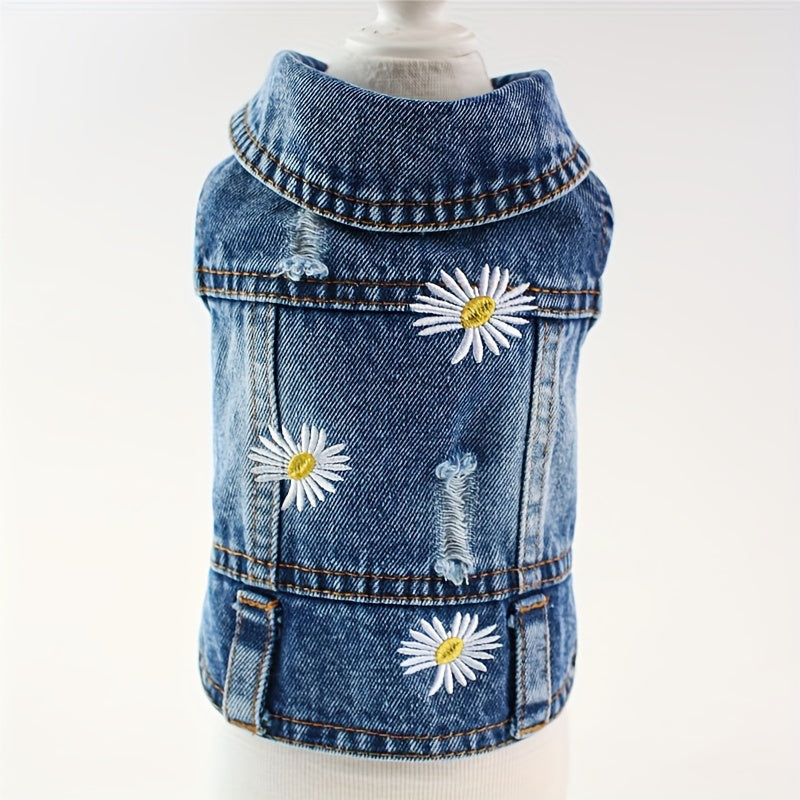 1pc Daisy Graphic Dog Denim Vest, Spring And Autumn Pet Clothes For Dogs Summer Clothing