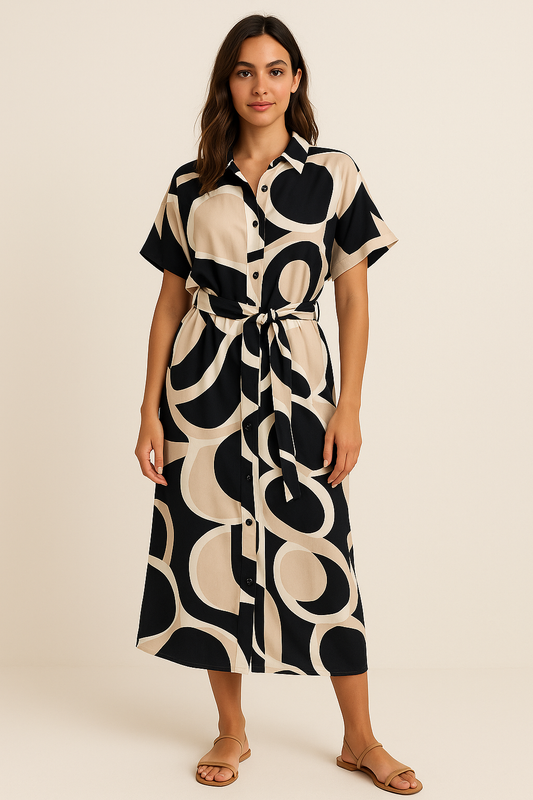 DKNY Geometric Print Button-Down Midi Shirt Dress – Size 12