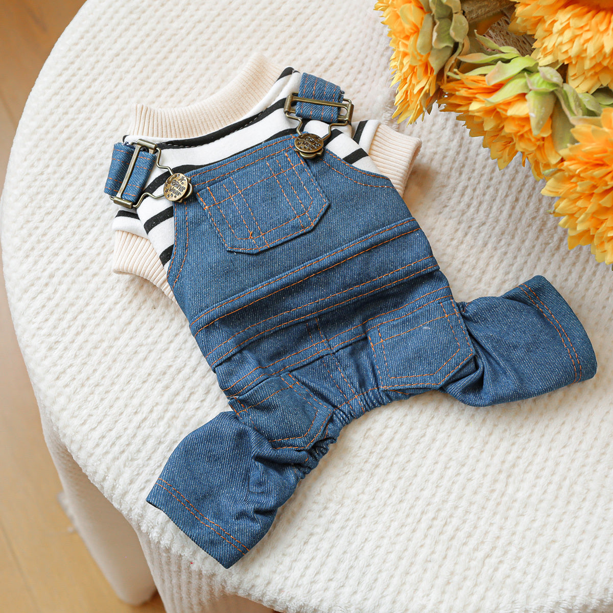 Striped Classic Jeans Pet Clothes Dog Clothes Small Dog Autumn and Winter Warm and Comfortable