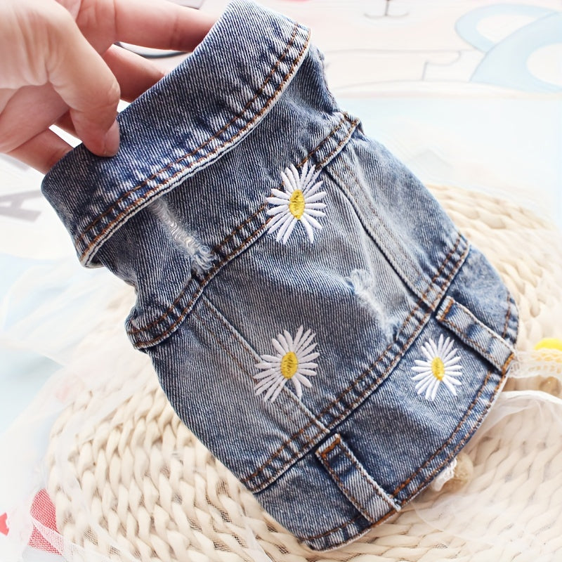 1pc Daisy Graphic Dog Denim Vest, Spring And Autumn Pet Clothes For Dogs Summer Clothing