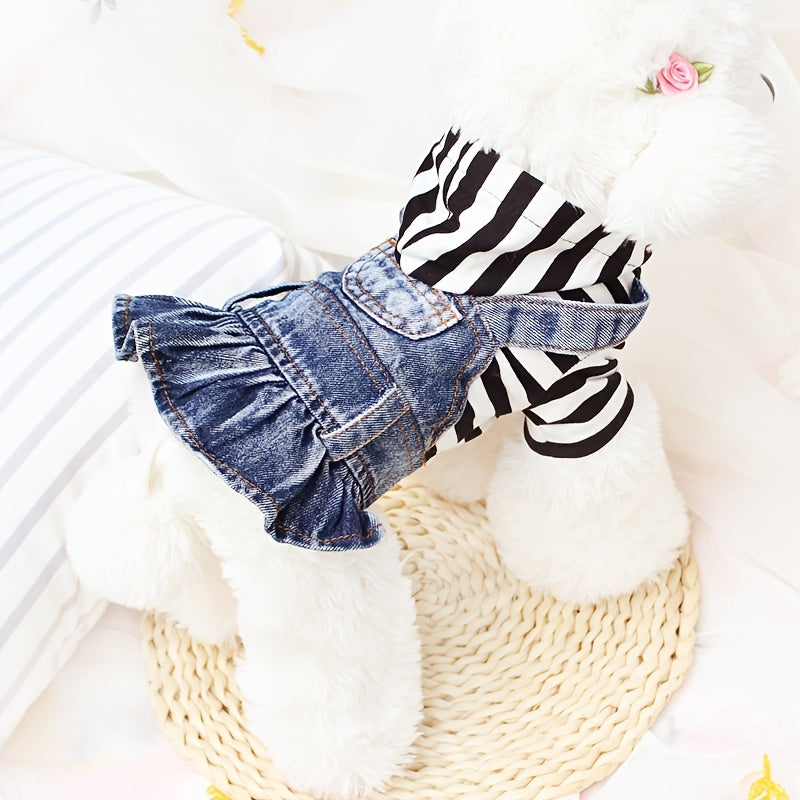 1pc Striped Denim Princess Jumpsuit Dog Dress for Small Dogs with Plaid Hoodie Jacket for Spring and Autumn Pet Clothes