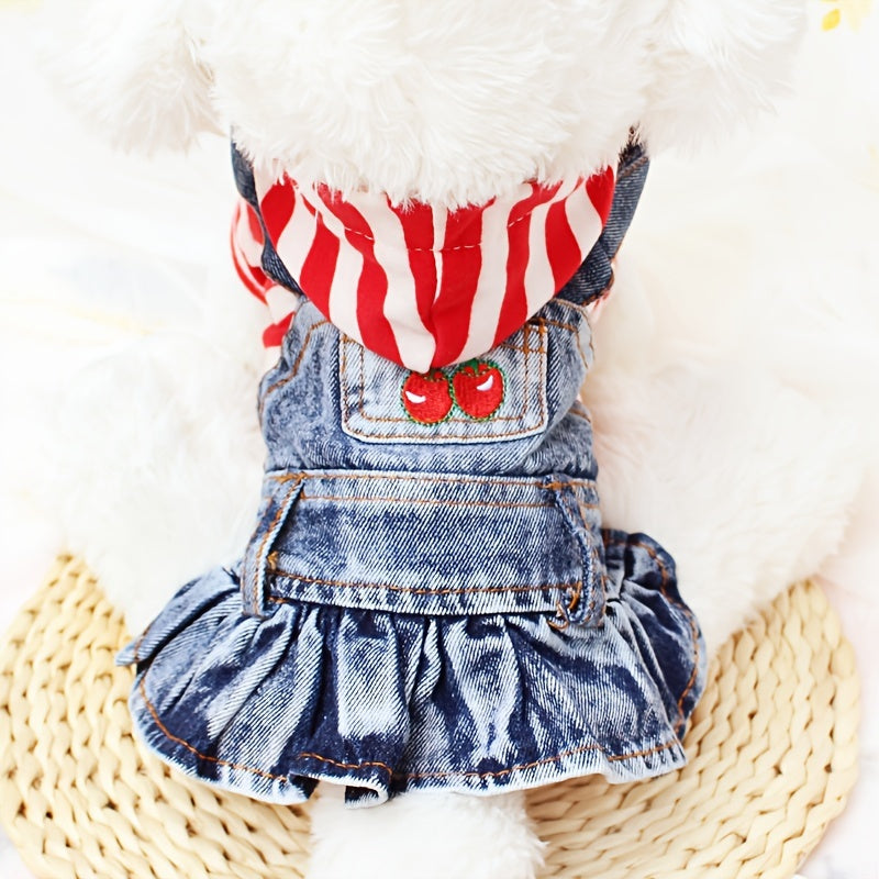 1pc Striped Denim Princess Jumpsuit Dog Dress for Small Dogs with Plaid Hoodie Jacket for Spring and Autumn Pet Clothes