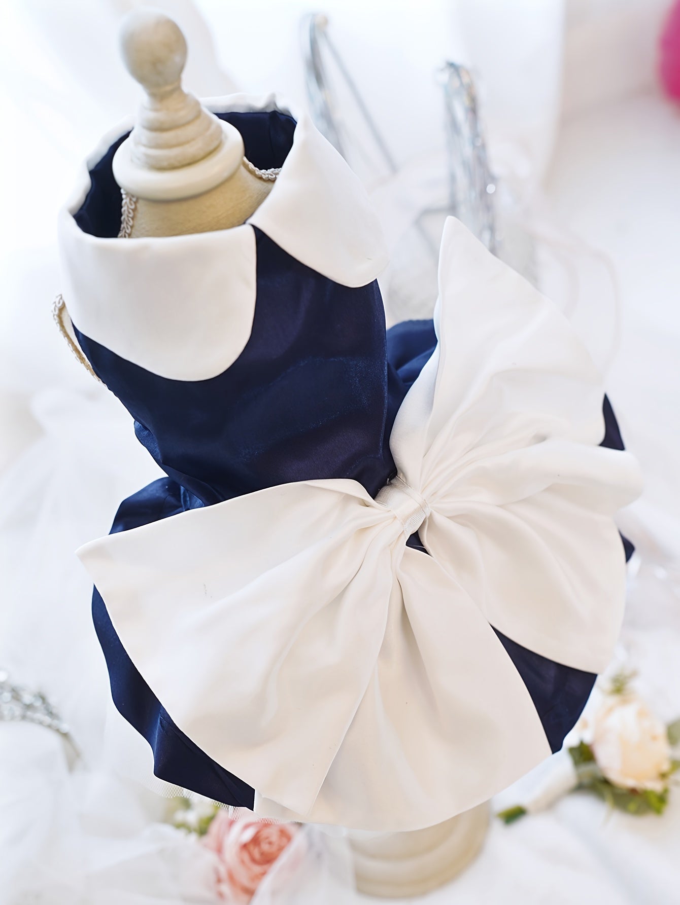 Charming Navy Blue Pet Dress with Bow & Doll Collar - Elegant Wedding & Party Attire for Small to Large Dogs and Cats, Adjustable Hook-and-loop Fastener Closure, White Ruffled Skirt Design, Adjustable Pet Outfit | Doll Collar