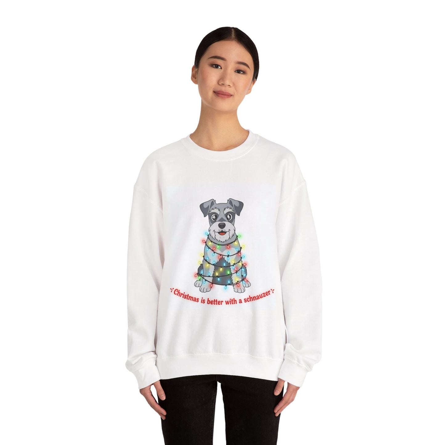 Christmas Schnauzer Sweatshirt — Cute Dog Wrapped in Holiday Lights