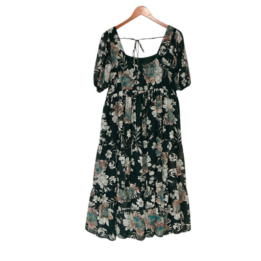 Dark Green Floral Puff Sleeve Maxi Dress