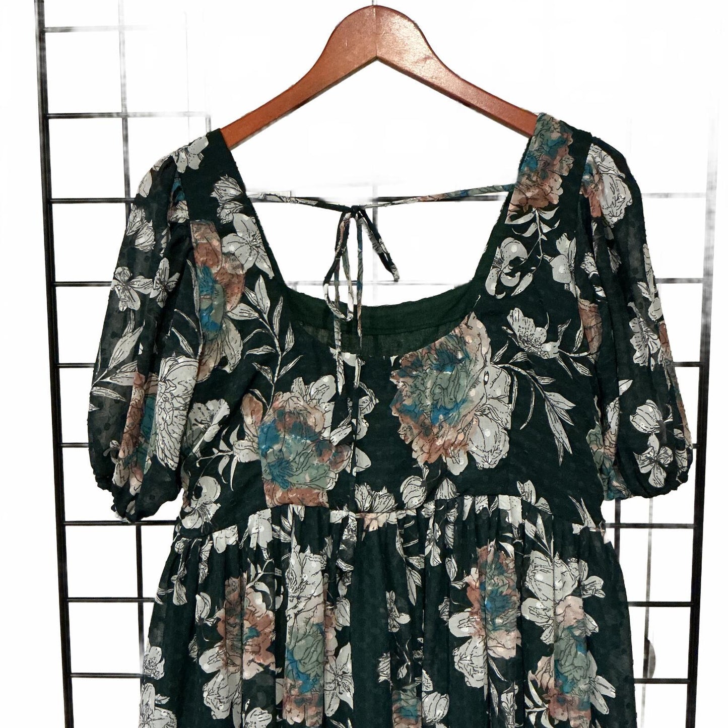 Dark Green Floral Puff Sleeve Maxi Dress