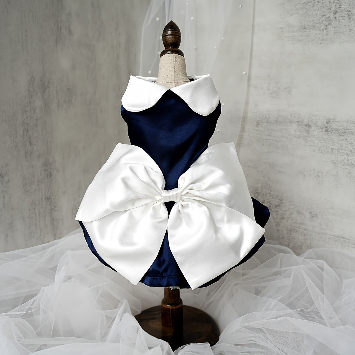 Charming Navy Blue Pet Dress with Bow & Doll Collar - Elegant Wedding & Party Attire for Small to Large Dogs and Cats, Adjustable Hook-and-loop Fastener Closure, White Ruffled Skirt Design, Adjustable Pet Outfit | Doll Collar