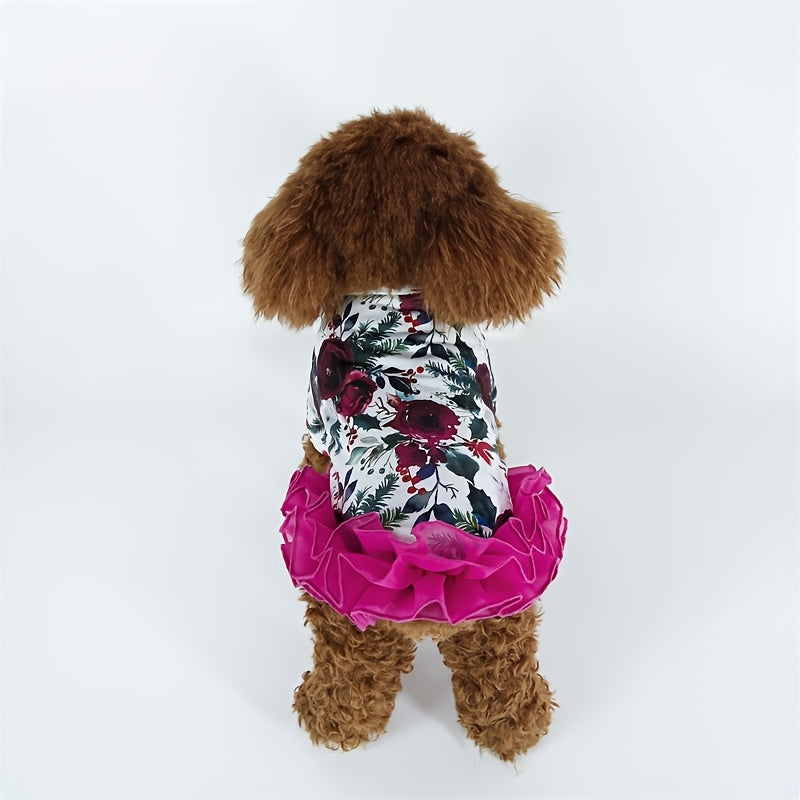 Pet Clothes Dog Floral Printed Short Sleeves Tulle Tutu Dress Small Medium Large Pet Clothes
