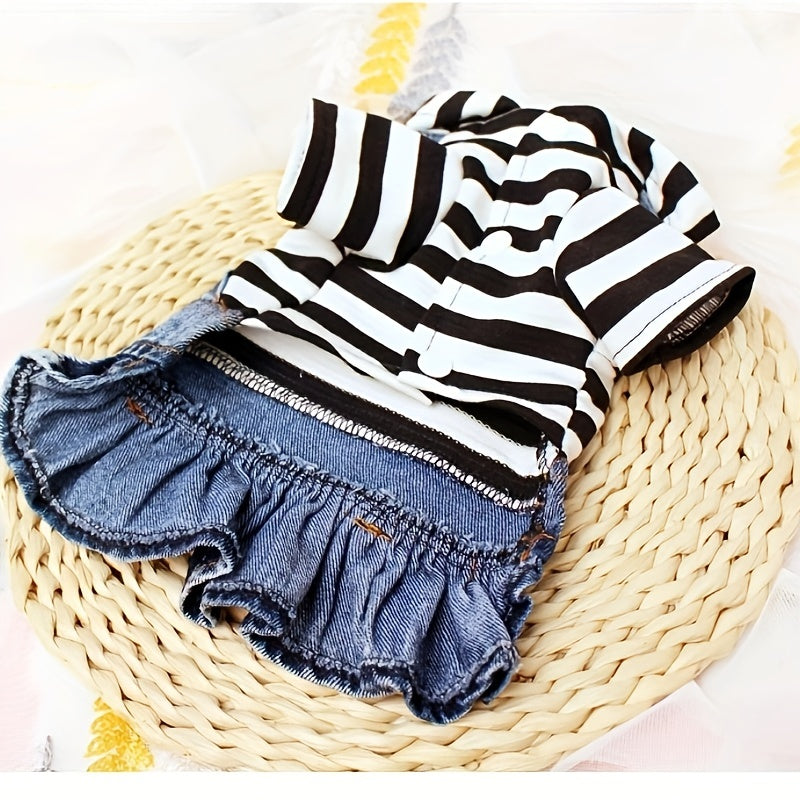 1pc Striped Denim Princess Jumpsuit Dog Dress for Small Dogs with Plaid Hoodie Jacket for Spring and Autumn Pet Clothes