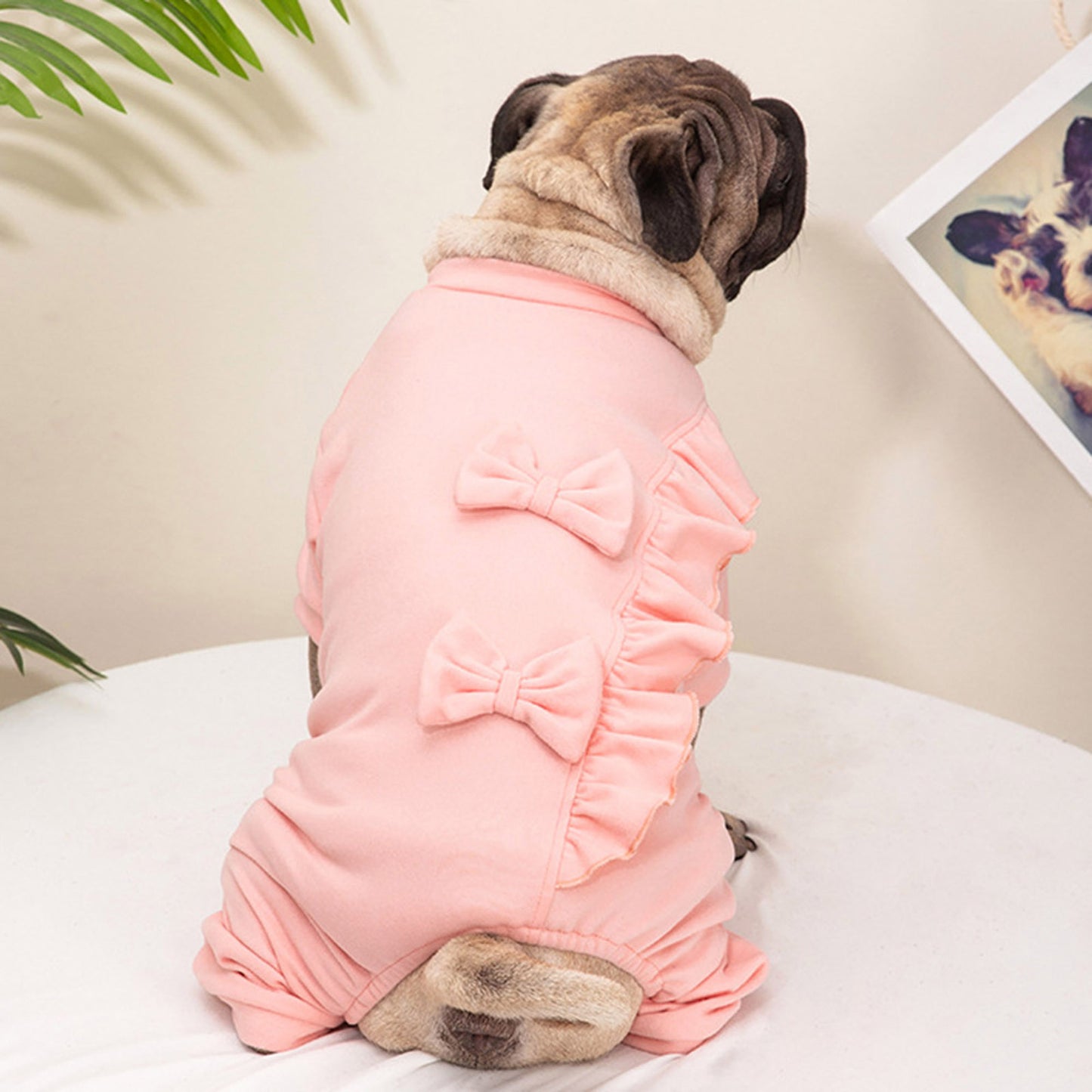 Cute Dog Pajamas Bodysuits with 3D Bow Ruffled Four-Legged Warm Pet Clothes for Small and Medium Dog