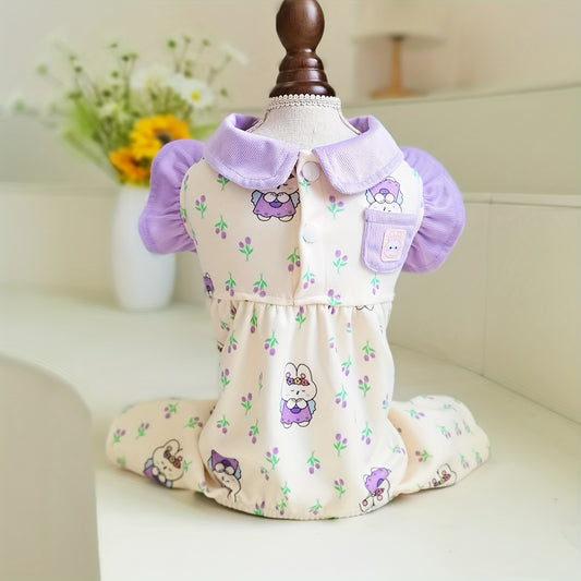 Cute Pet Clothes With Flying Sleeves Floral Dog Indoor Wear Jumpsuit Puppy Soft Clothing