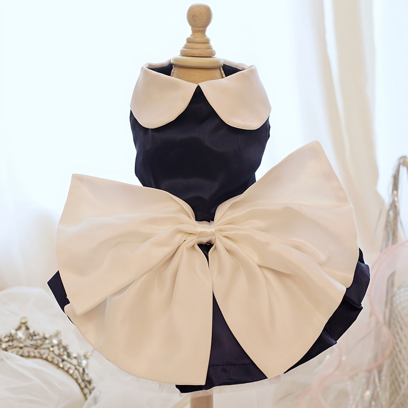 Charming Navy Blue Pet Dress with Bow & Doll Collar - Elegant Wedding & Party Attire for Small to Large Dogs and Cats, Adjustable Hook-and-loop Fastener Closure, White Ruffled Skirt Design, Adjustable Pet Outfit | Doll Collar