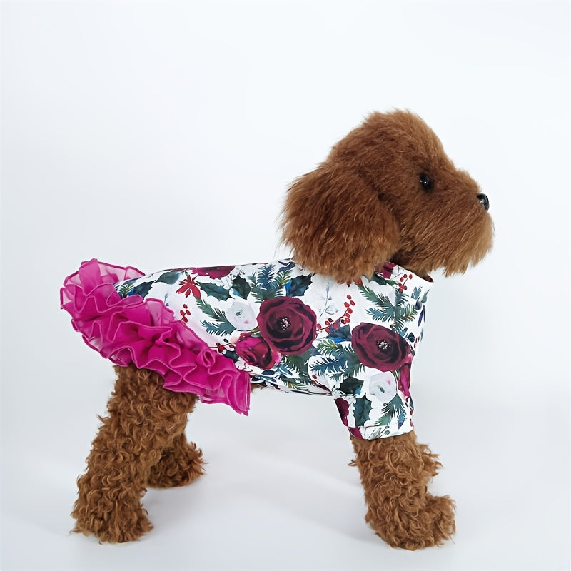 Pet Clothes Dog Floral Printed Short Sleeves Tulle Tutu Dress Small Medium Large Pet Clothes