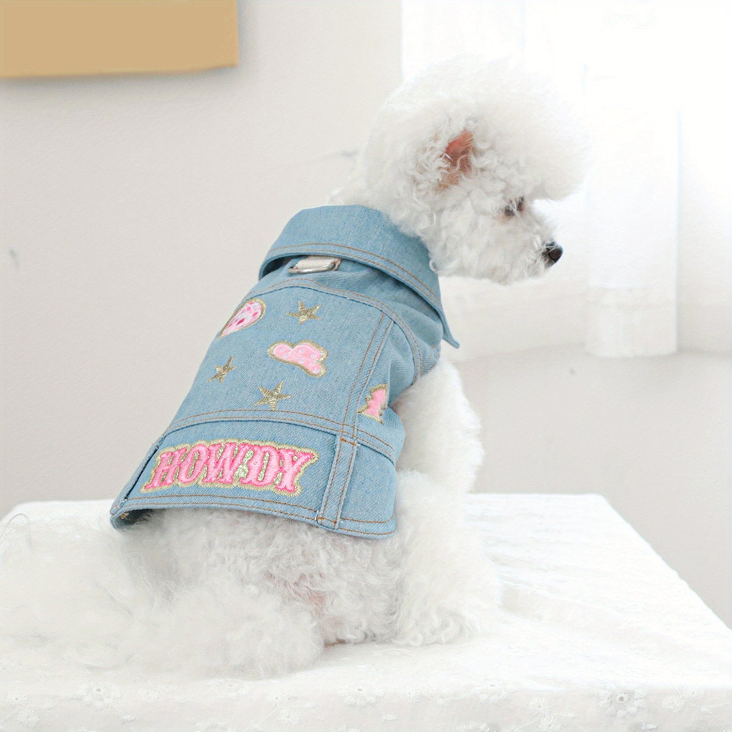 Denim Dog Jacket with Letter and Star Design, Jean Vest Style Pet Clothes for Small Dogs and Cats, Polyester, Pullover, Pet Clothes, D-Ring