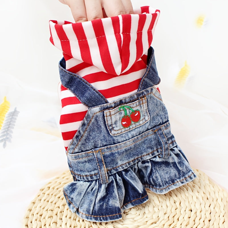 1pc Striped Denim Princess Jumpsuit Dog Dress for Small Dogs with Plaid Hoodie Jacket for Spring and Autumn Pet Clothes