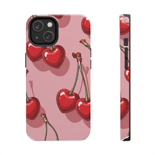 Cherry Pattern Tough Phone Case — Retro Pink Cherry Print Protective Cover