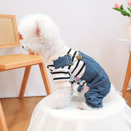 Striped Classic Jeans Pet Clothes Dog Clothes Small Dog Autumn and Winter Warm and Comfortable