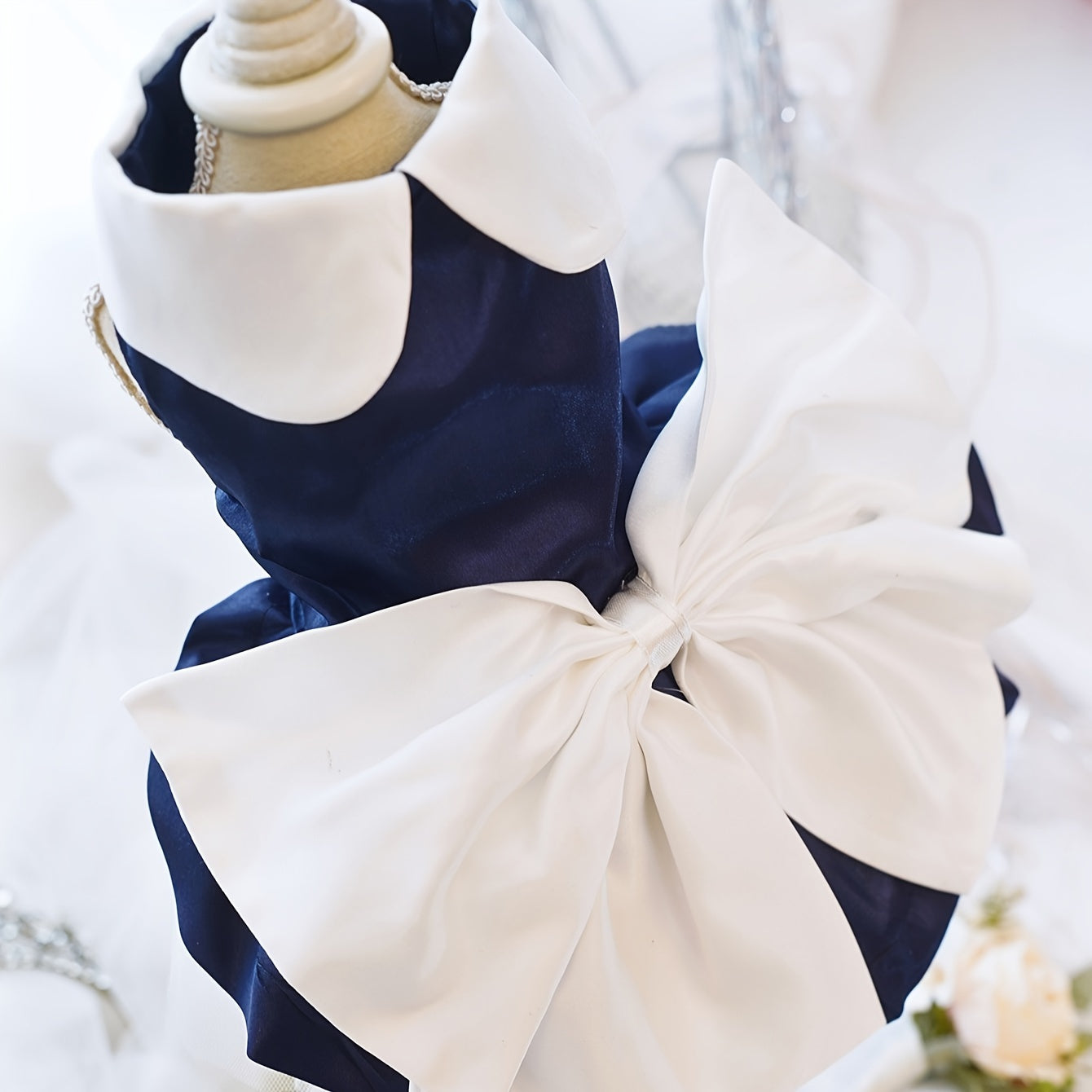 Charming Navy Blue Pet Dress with Bow & Doll Collar - Elegant Wedding & Party Attire for Small to Large Dogs and Cats, Adjustable Hook-and-loop Fastener Closure, White Ruffled Skirt Design, Adjustable Pet Outfit | Doll Collar