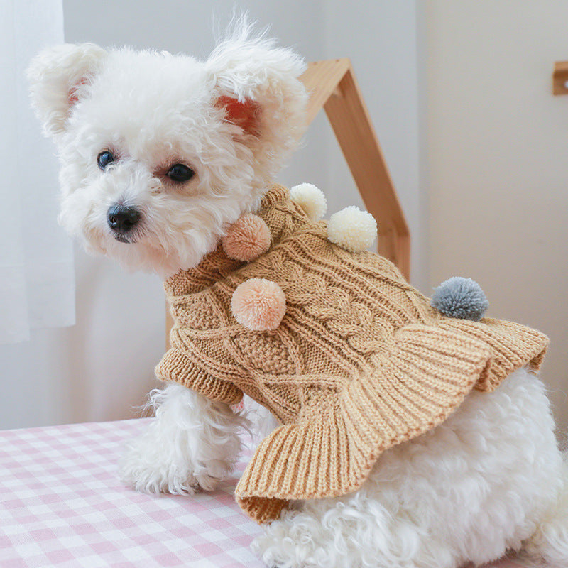 Pet Turtleneck Sweater, Knitwear Dog Dress With Pompoms, Warm Pet Clothes For Small Medium Dog & Cat Autumn And Winter Dog Warm Clothes