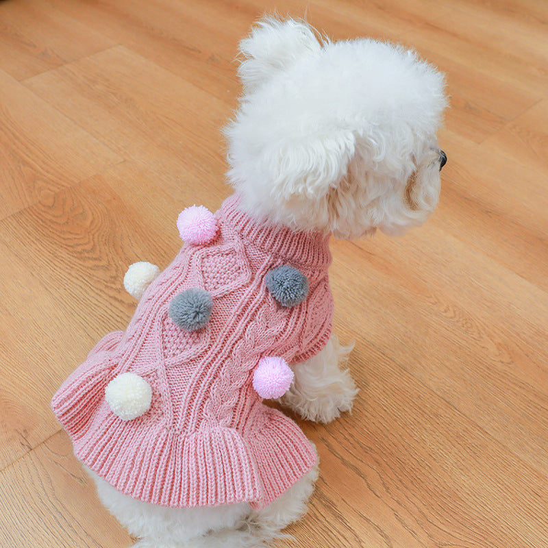 Pet Turtleneck Sweater, Knitwear Dog Dress With Pompoms, Warm Pet Clothes For Small Medium Dog & Cat Autumn And Winter Dog Warm Clothes