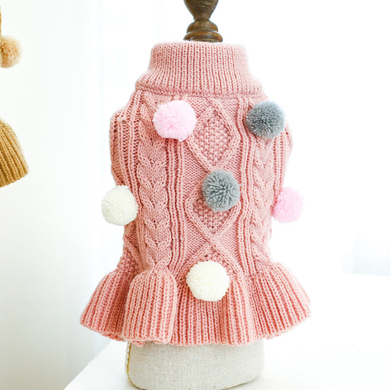Pet Turtleneck Sweater, Knitwear Dog Dress With Pompoms, Warm Pet Clothes For Small Medium Dog & Cat Autumn And Winter Dog Warm Clothes