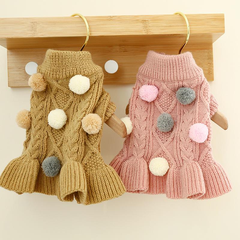 Pet Turtleneck Sweater, Knitwear Dog Dress With Pompoms, Warm Pet Clothes For Small Medium Dog & Cat Autumn And Winter Dog Warm Clothes