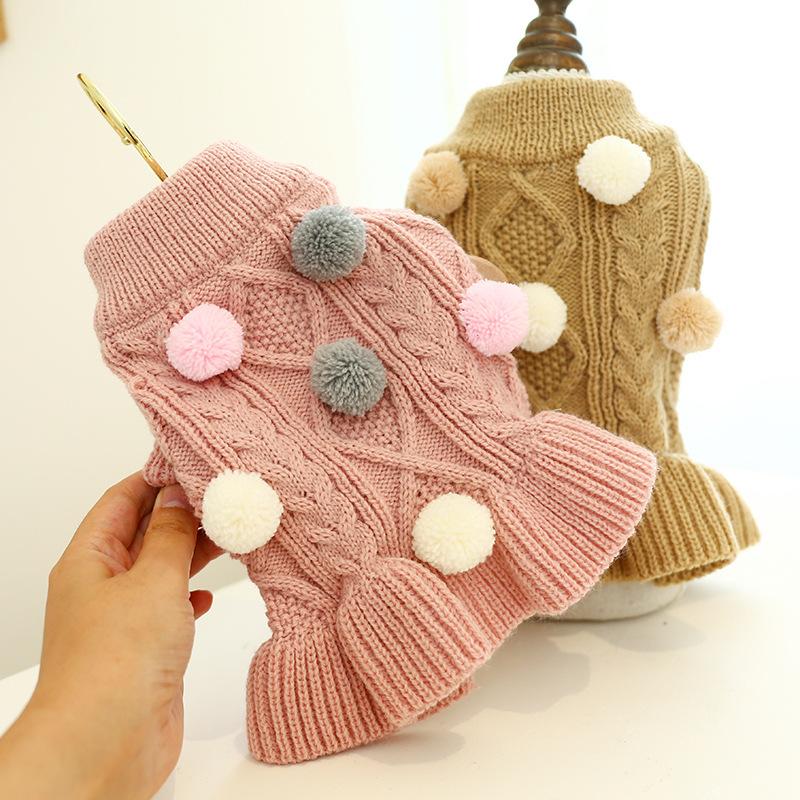 Pet Turtleneck Sweater, Knitwear Dog Dress With Pompoms, Warm Pet Clothes For Small Medium Dog & Cat Autumn And Winter Dog Warm Clothes