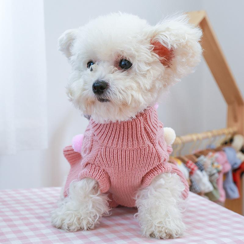 Pet Turtleneck Sweater, Knitwear Dog Dress With Pompoms, Warm Pet Clothes For Small Medium Dog & Cat Autumn And Winter Dog Warm Clothes