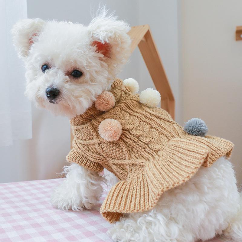 Pet Turtleneck Sweater, Knitwear Dog Dress With Pompoms, Warm Pet Clothes For Small Medium Dog & Cat Autumn And Winter Dog Warm Clothes