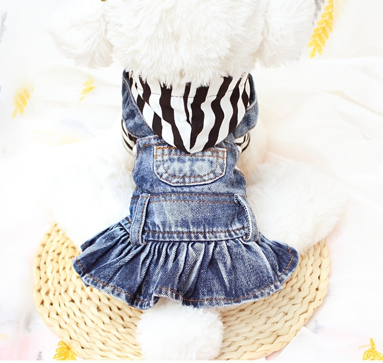 1pc Striped Denim Princess Jumpsuit Dog Dress for Small Dogs with Plaid Hoodie Jacket for Spring and Autumn Pet Clothes