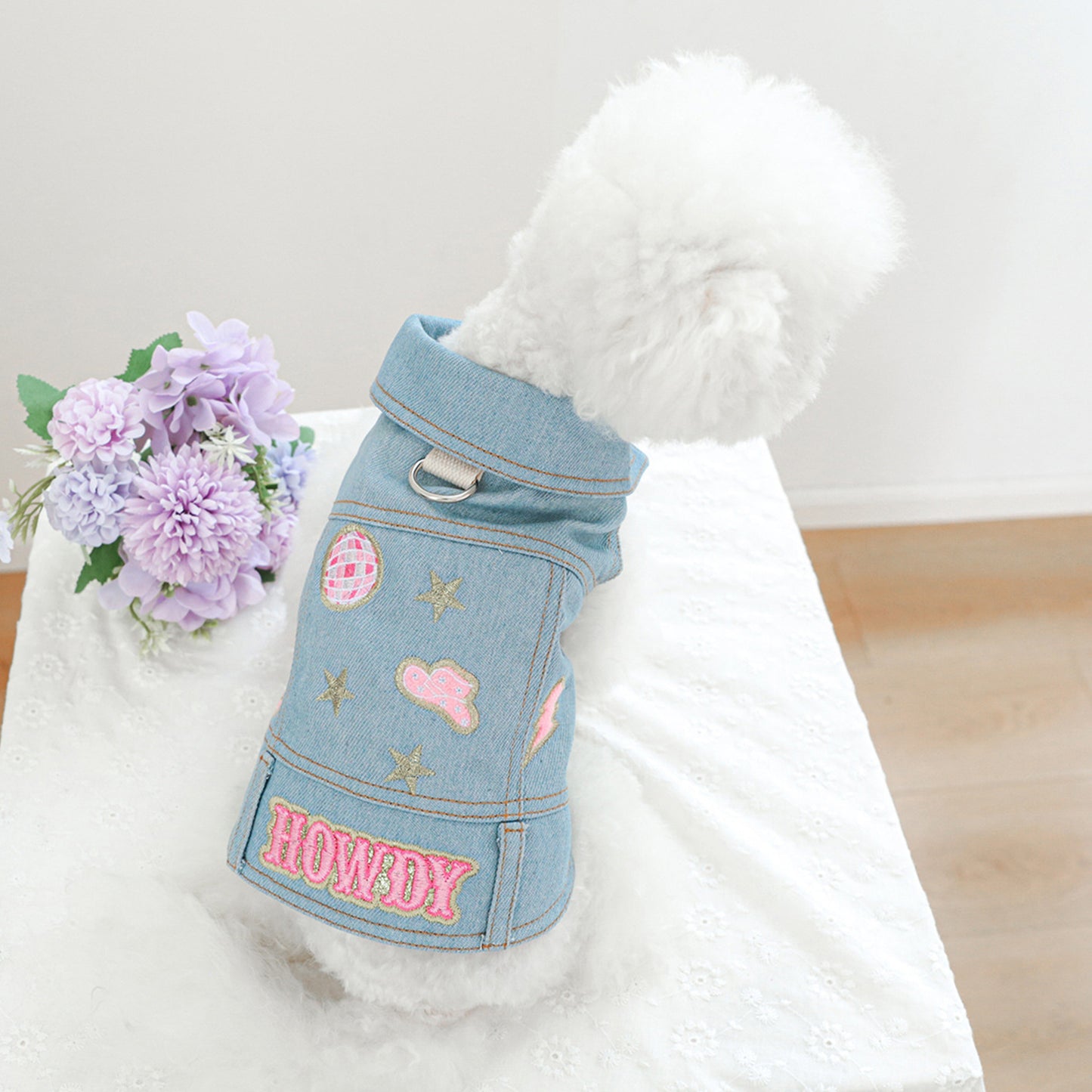 Denim Dog Jacket with Letter and Star Design, Jean Vest Style Pet Clothes for Small Dogs and Cats, Polyester, Pullover, Pet Clothes, D-Ring