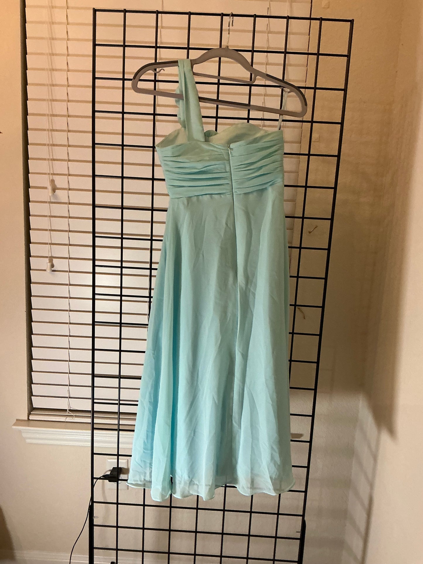 Aqua Blue One Shoulder Chiffon Dress with Rosette Strap – Size 2 – Flowy Formal Bridesmaid or Party Dress