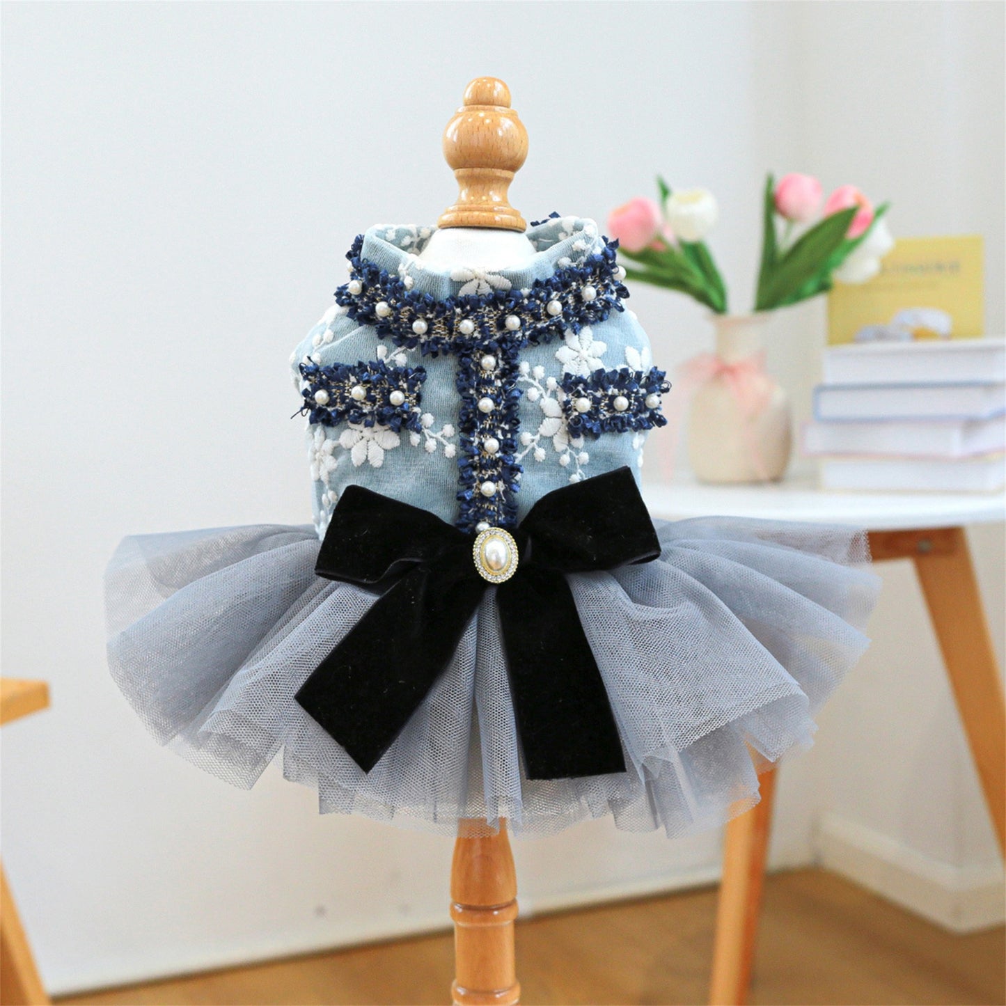 Dog Dress Pearl Bow Puppy Girl Tulle Dress Cat Princess Costume Pet Clothes for Small Dogs Cats
