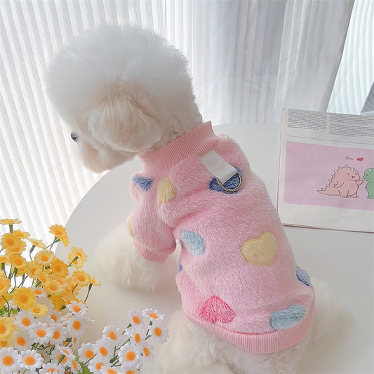 Warm Flannel Dog Sweatshirt with Heart and Paw Pattern, Fuzzy Two-Legged Winter Pet Clothes for Small/Medium Breeds