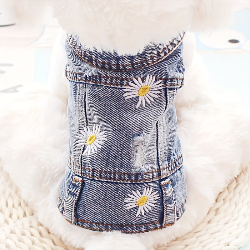 1pc Daisy Graphic Dog Denim Vest, Spring And Autumn Pet Clothes For Dogs Summer Clothing
