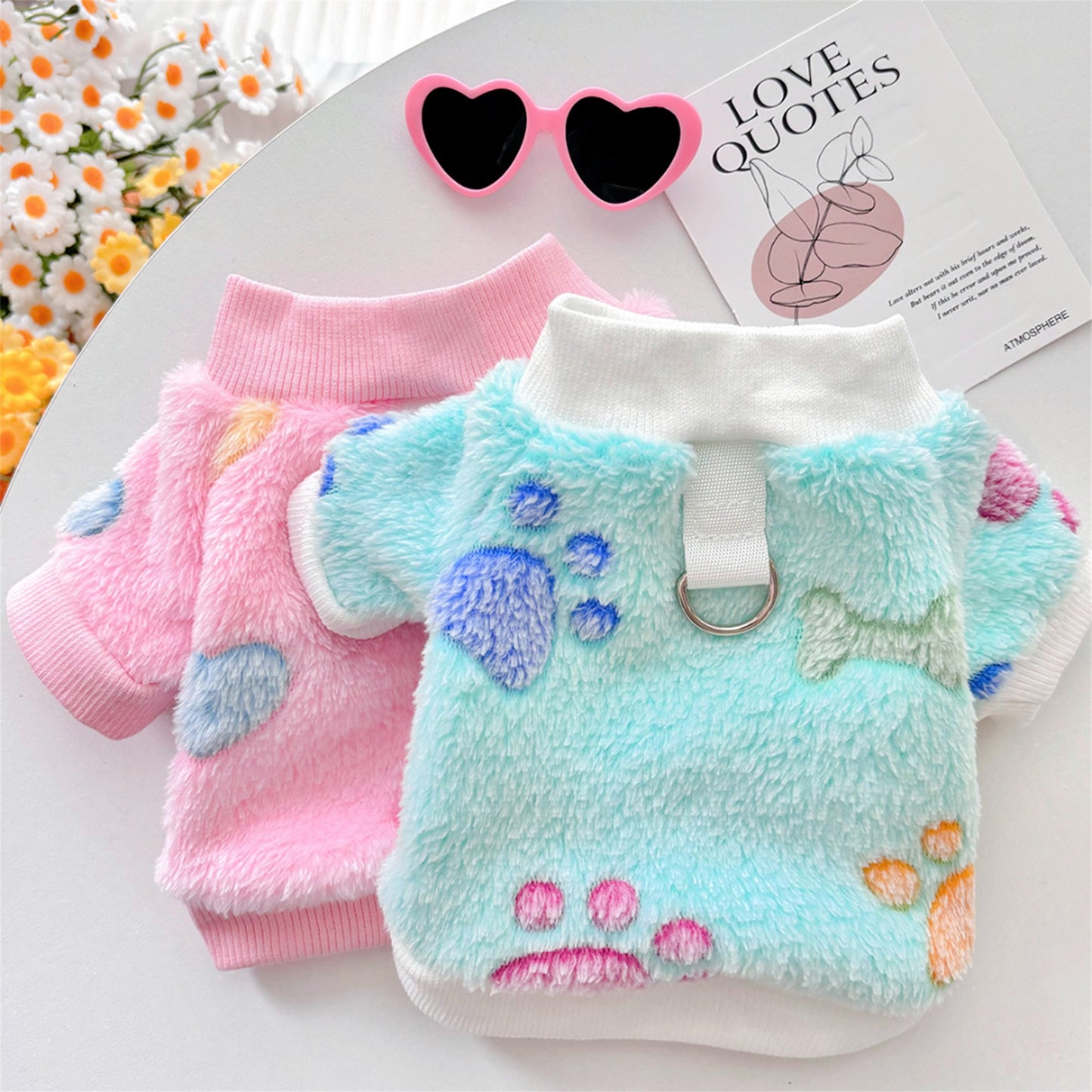 Warm Flannel Dog Sweatshirt with Heart and Paw Pattern, Fuzzy Two-Legged Winter Pet Clothes for Small/Medium Breeds