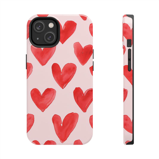 Tough Phone Case — Red Watercolor Hearts Pattern (Protective iPhone Case)