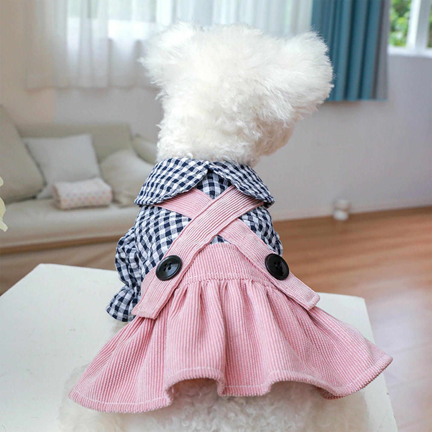 Dog Plaid Dress 2 Legs Covered Puppy Girl Suspender Dress Pet Clothes for Small Dogs Cats