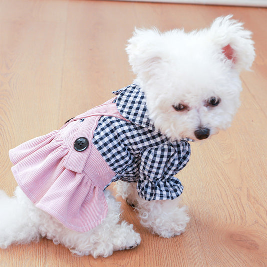 Dog Plaid Dress 2 Legs Covered Puppy Girl Suspender Dress Pet Clothes for Small Dogs Cats