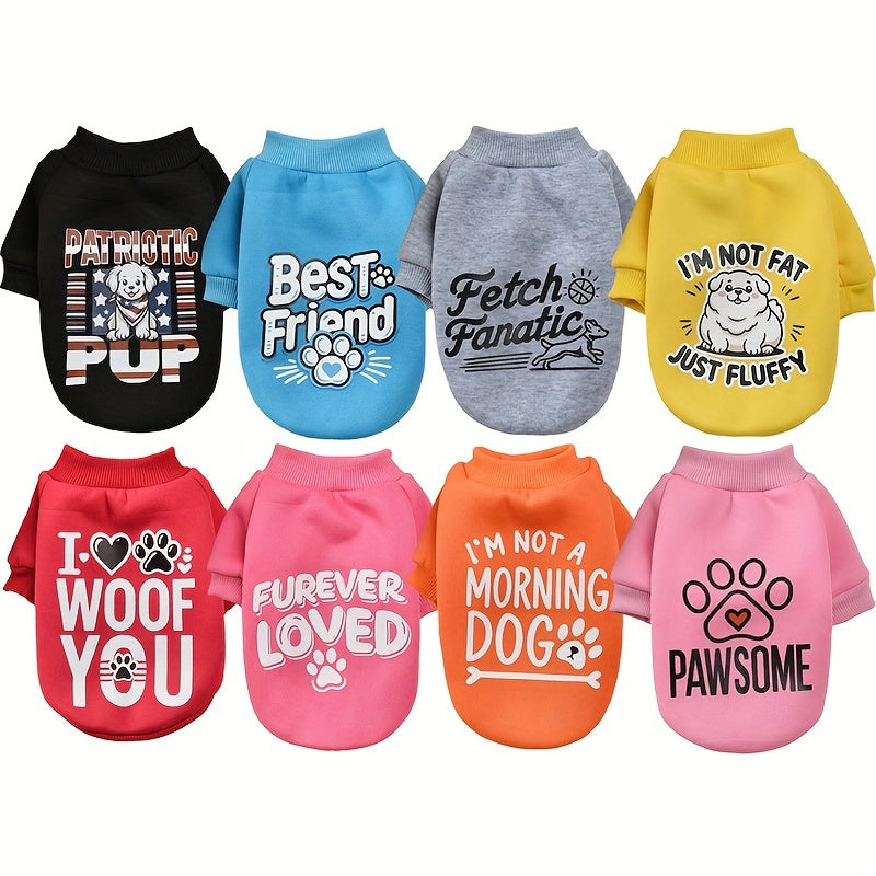 8pcs New Spring/Autumn Cute Plus Velvet Pet Dog Sweater Set, Eight-piece Dog Clothes, Print Design, Patriotic Love Family and Good Friends Dog Festival Clothes, Dog Hooded Sweatshirt, Eight Colors Available at the Same Time,